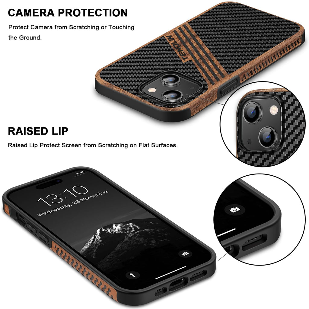 TENDLIN Compatible with iPhone 15 Case Wood Grain with Carbon Fiber Texture Design Leather Hybrid Slim Case (Black)