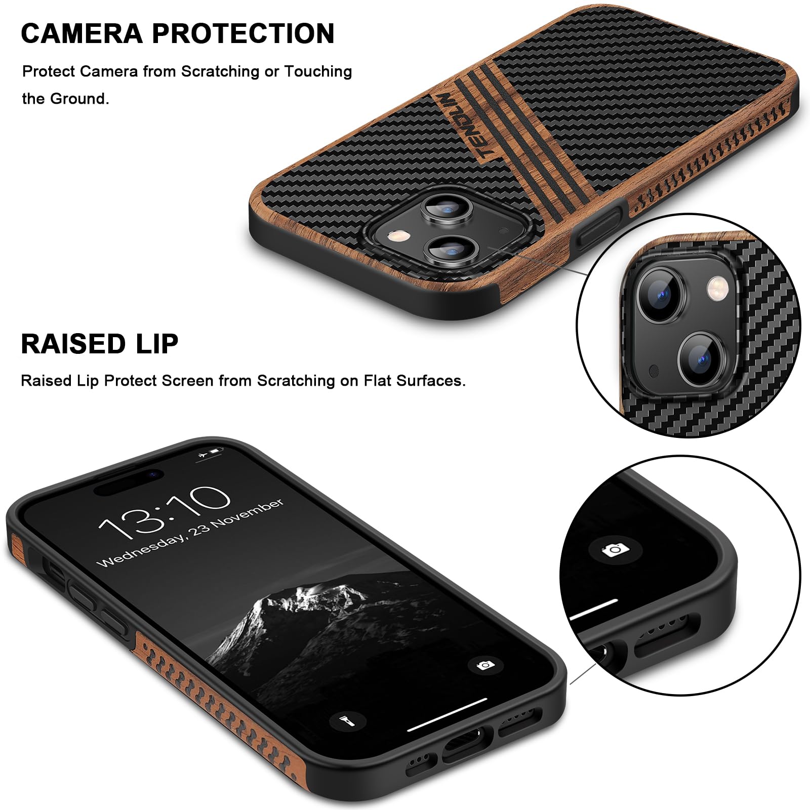 TENDLIN Compatible with iPhone 15 Case Wood Grain with Carbon Fiber Texture Design Leather Hybrid Slim Case (Black)