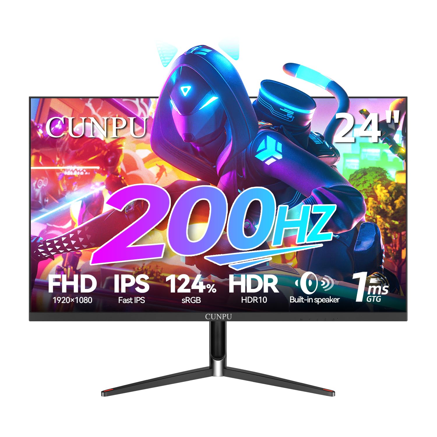 CUNPU 24 Inch 1080P 200Hz Gaming Monitor, FHD Fast IPS Panel, 124% sRGB 1ms HDR Zero-Frame Computer Monitor, Built-in Speaker, HDMI 2.1, DisplayPort 1.4, FreeSync & G-Sync, Tilt, VESA, Eye Care