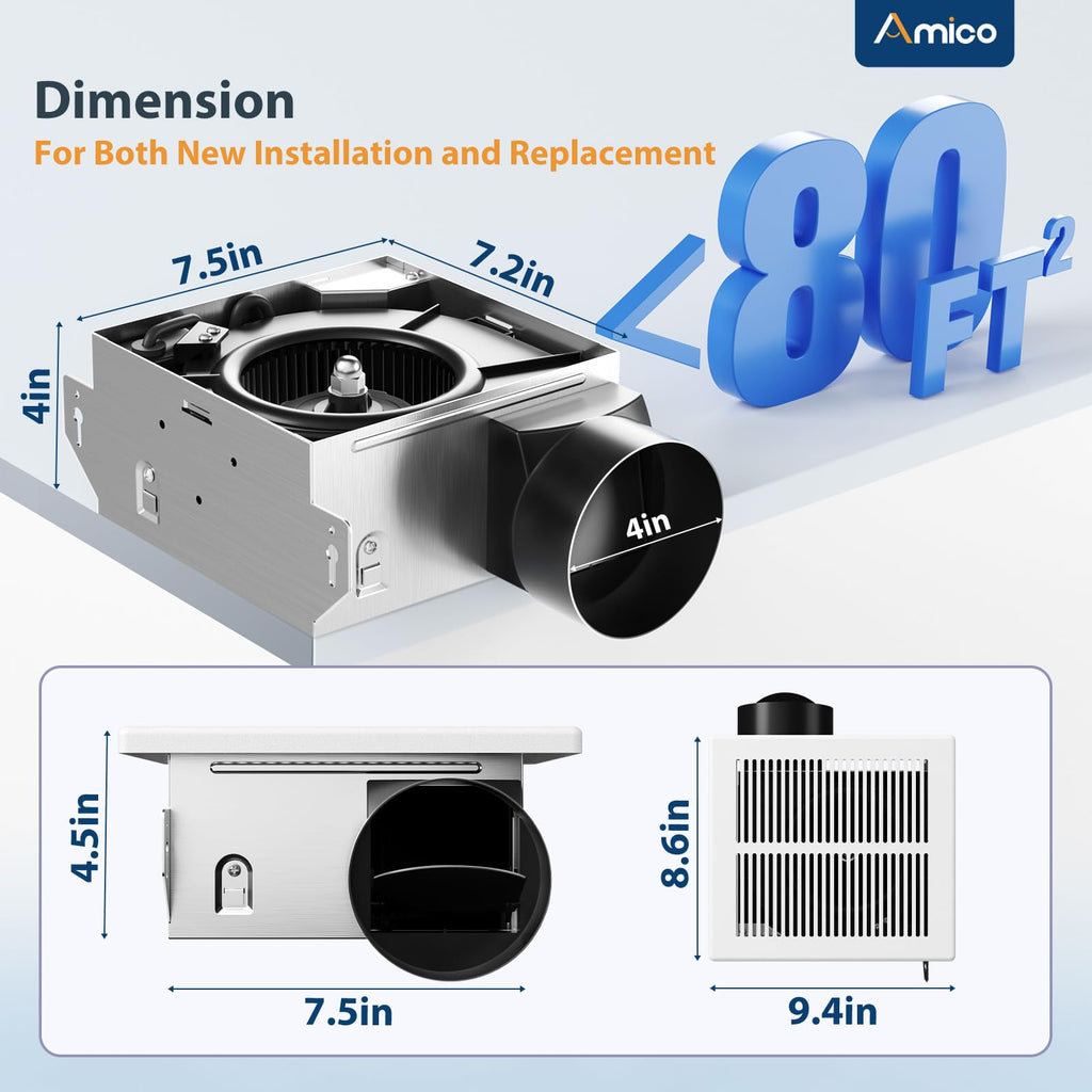 Amico Bathroom Exhaust Fan, 1.0 Sones, 80 CFM, Low Noise, Ceiling Mounted Retrofit Ventilation Fans, 4 Inch Duct, No Attic Access Needed- UL Certified