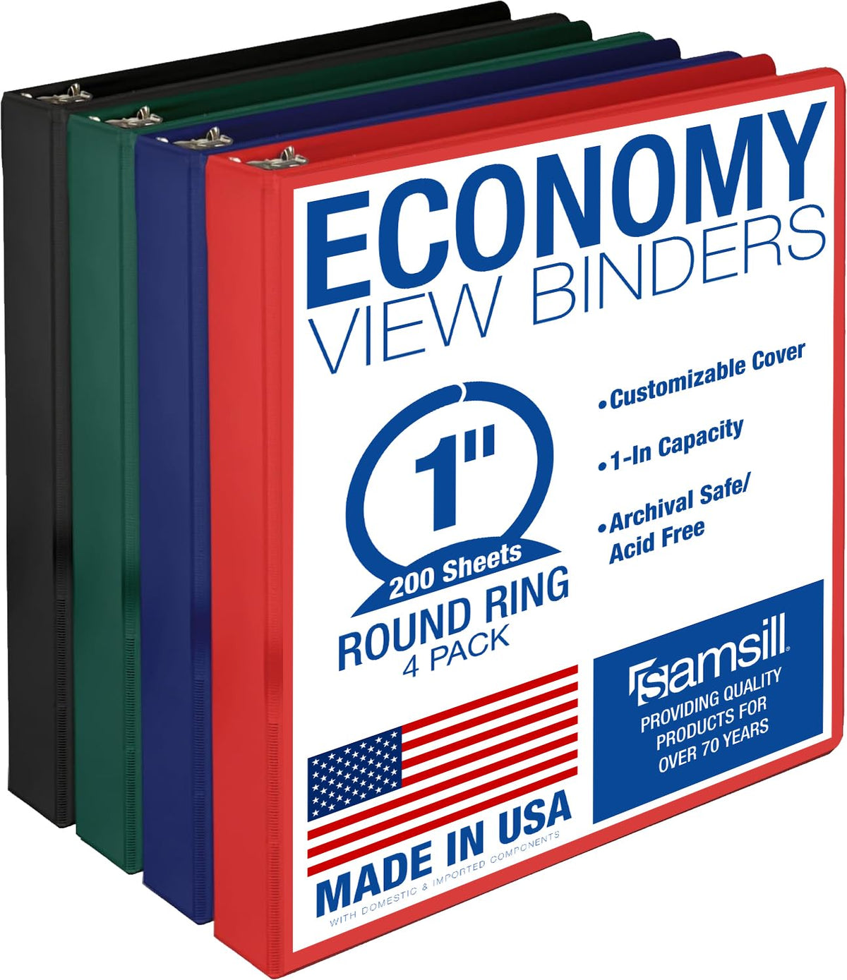 Samsill 1 Inch 3 Ring Binders, Economy Round Ring, Clear View Cover, 200 Sheet Capacity - for School, Home, Office - Blue, 4 Pack