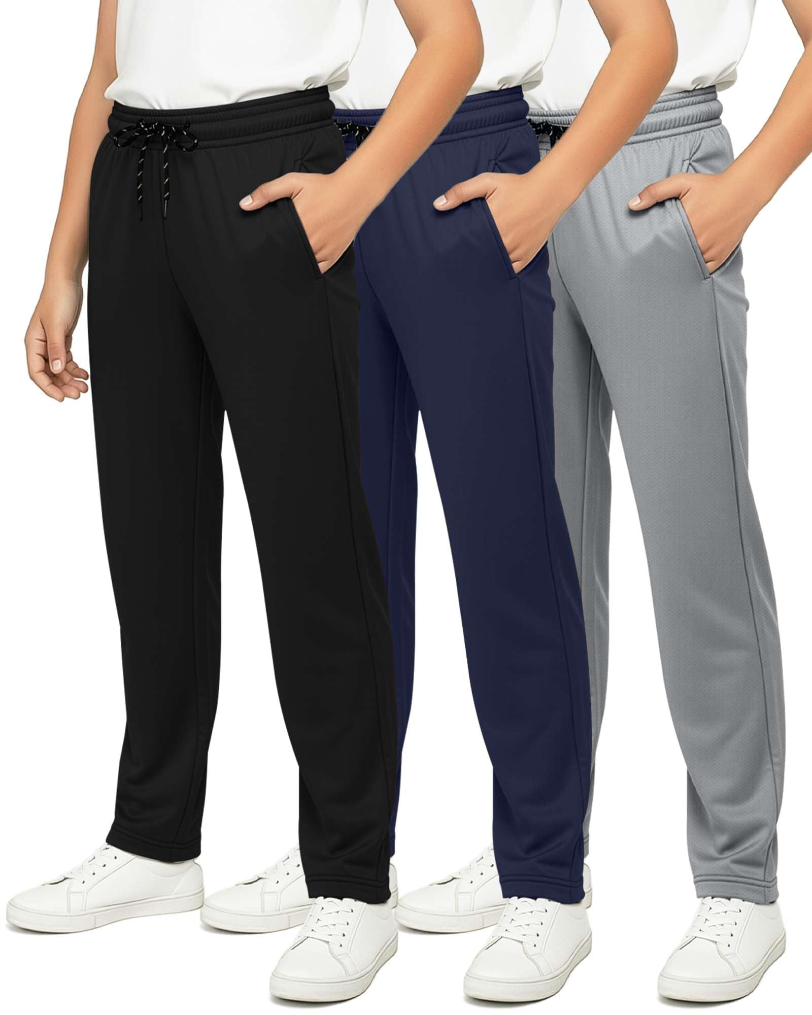 Real Essentials 3 Pack: Boys' Mesh Open Bottom Active Sweatpants with Pockets & Drawstring