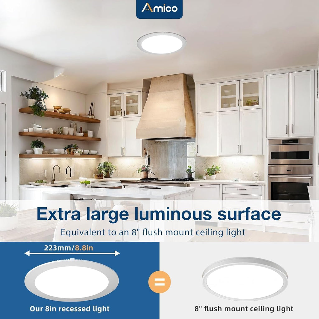 Amico 6 Pack 3 Inch 5CCT Ultra-Thin LED Recessed Ceiling Light with Junction Box, 2700K/3000K/3500K/4000K/5000K Selectable, 7W Eqv 60W 500LM Brightness Dimmable Canless Wafer Downlight, ETL