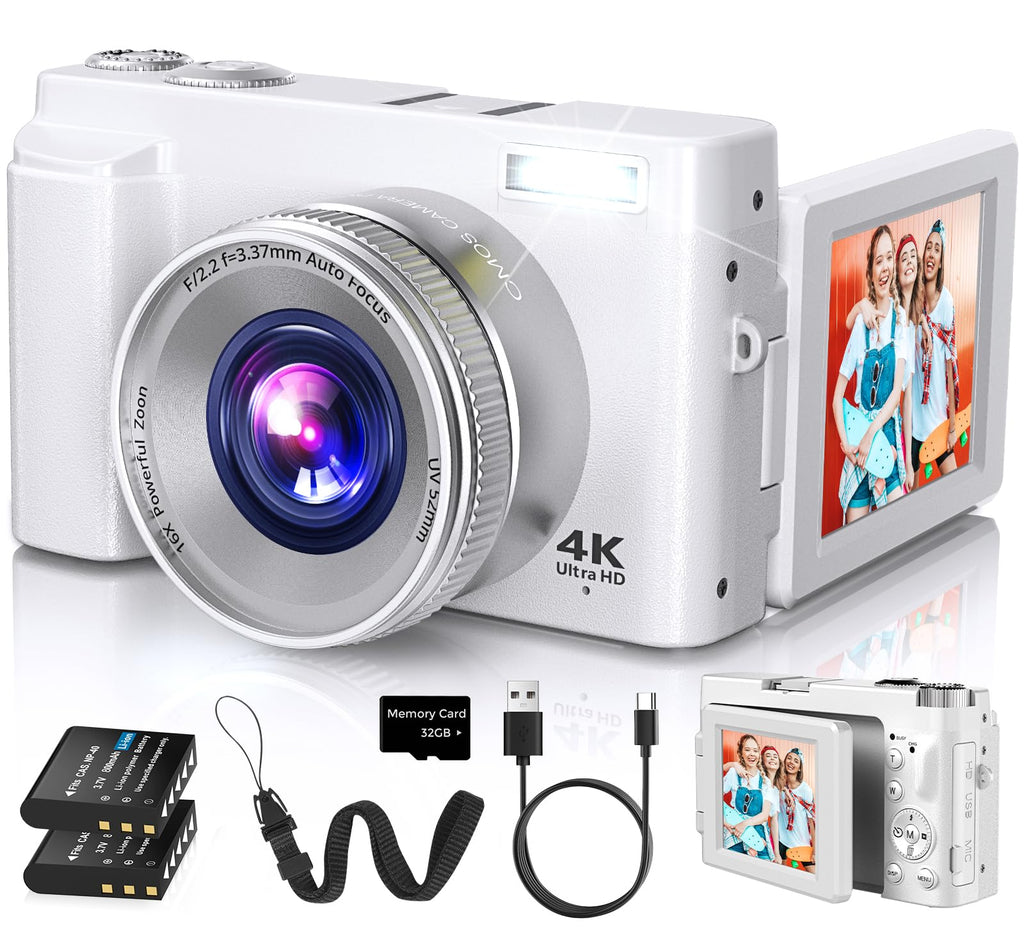 Duluvulu 4K Digital Camera for Photography Autofocus, 2026 Latest 48MP Vlogging Camera for YouTube with SD Card, 2 Batteries, 3" 180°Flip Screen Compact Travel Camera for Teens with 16X Zoom,Black