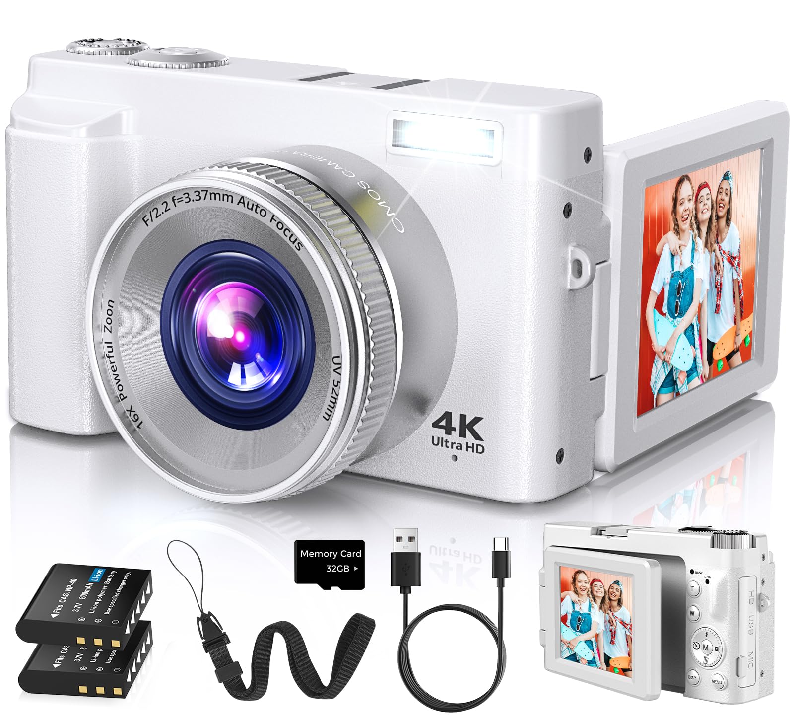 Duluvulu 4K Digital Camera for Photography Autofocus, 2026 Latest 48MP Vlogging Camera for YouTube with SD Card, 2 Batteries, 3" 180°Flip Screen Compact Travel Camera for Teens with 16X Zoom,Black