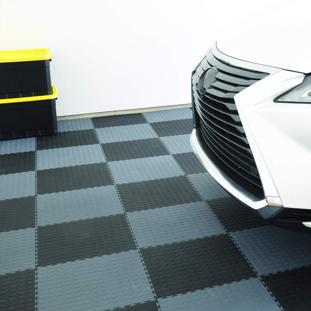 VersaTex Garage Floor 18 x 18 inch Square Rubber Diamond Plate Interlocking Floor Tiles for Home Gym, Garage Flooring, Trade Show Flooring, Basement Tiles, 24 Pack (Black)