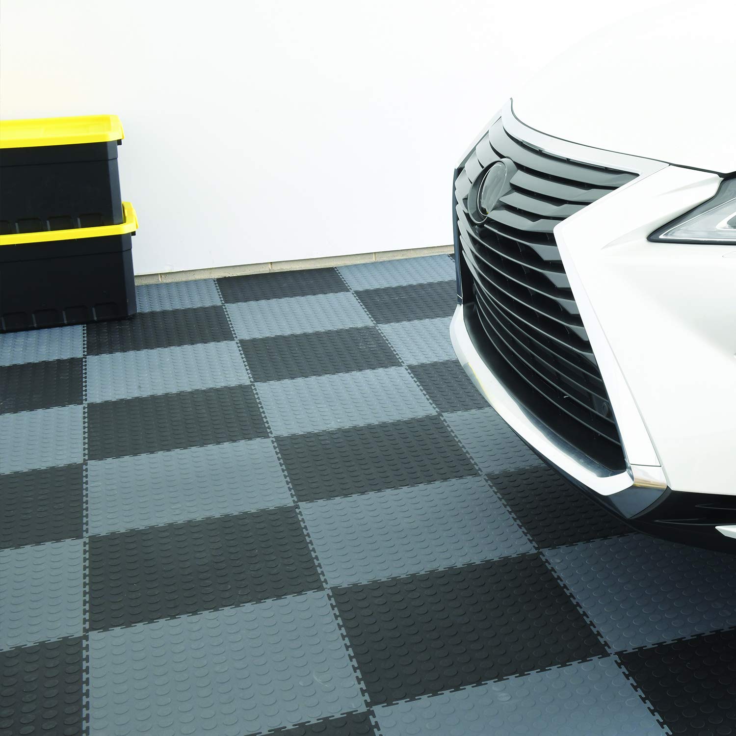 VersaTex Garage Floor 18 x 18 inch Square Rubber Diamond Plate Interlocking Floor Tiles for Home Gym, Garage Flooring, Trade Show Flooring, Basement Tiles, 24 Pack (Black)
