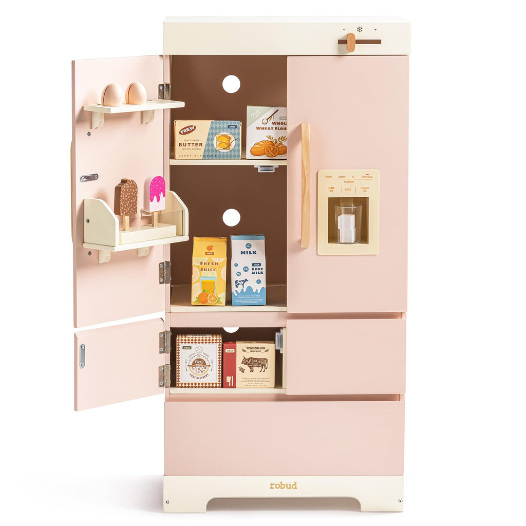 ROBUD Wooden Play Kitchen Fridge, Toy Kitchen Refrigerator, Kids Fridge Freezer Set with Ice Maker, Kitchen Playset Gift for Kids & Toddlers, Age 3+ (Caramel)