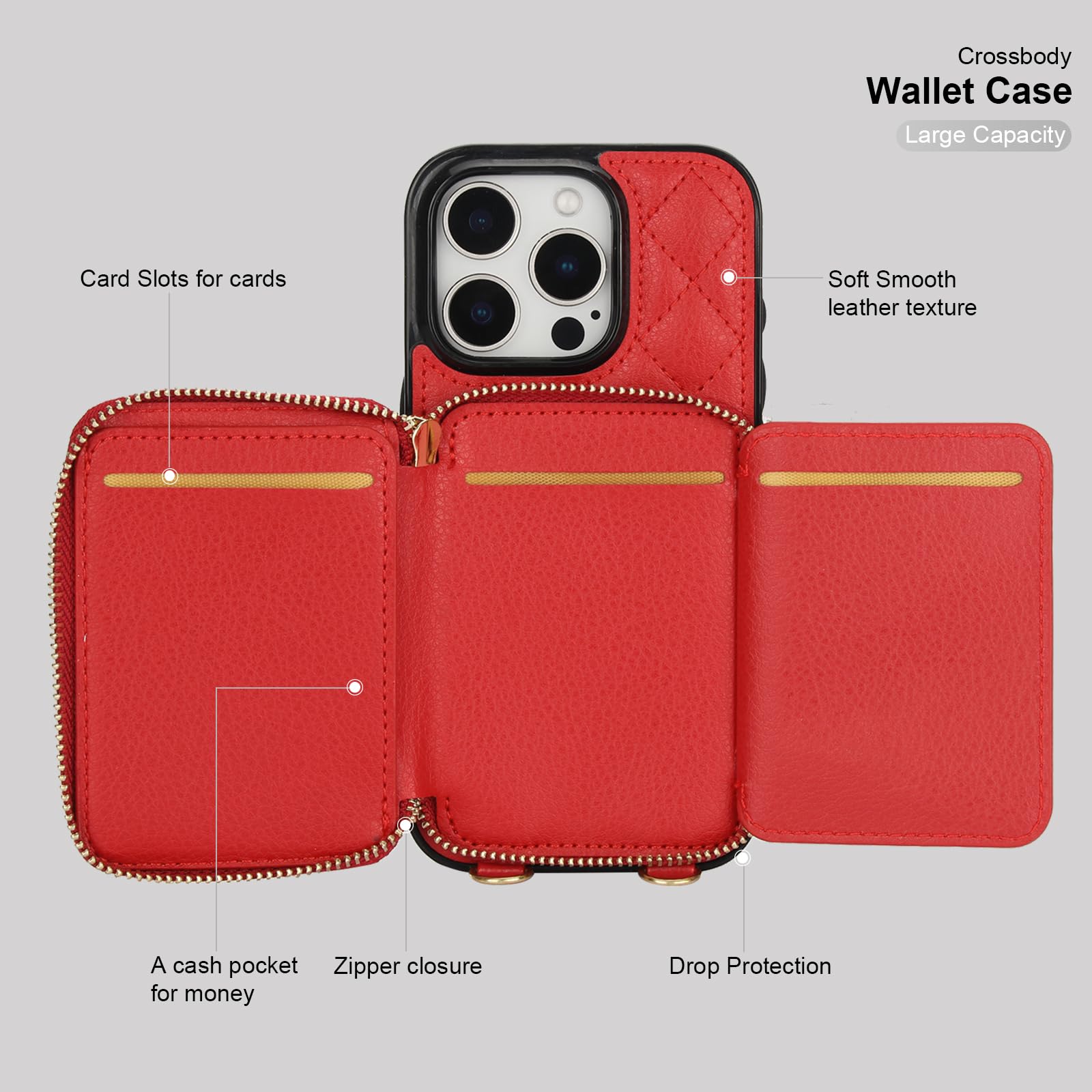 Bocasal Crossbody Wallet Case for iPhone 16 Pro, RFID Blocking PU Leather Zipper Handbag Purse Flip Cover, Kickstand Folio Case with Card Slots Holder Wrist Strap Lanyard 5G 6.3 Inch (Black)