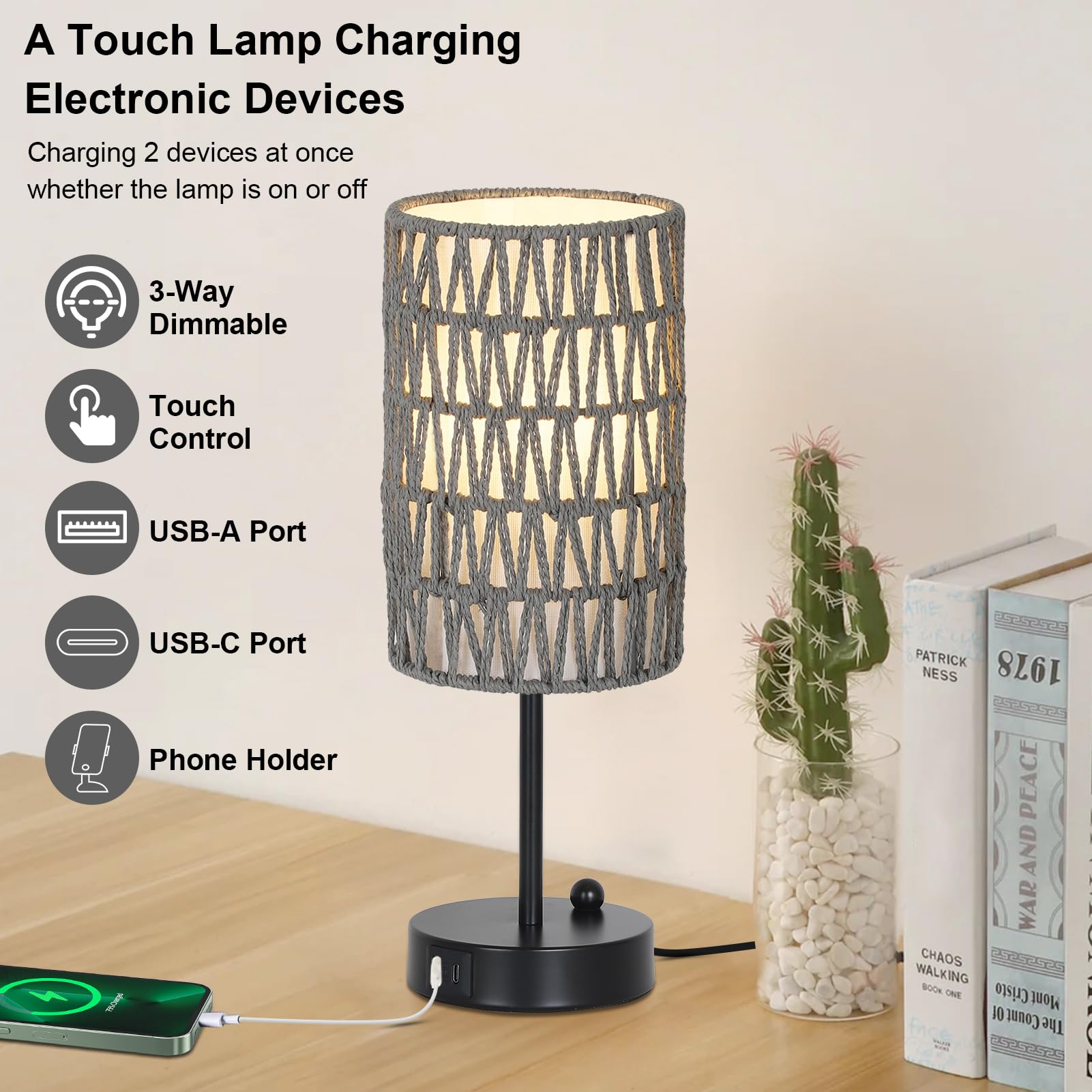 Rattan Bedside Table Lamps Set of 2 - Boho Lamps With 3 Color Temperatures & USB AC Port, Pull Chain Table Lamp For Bedroom, Cute Small Lamp For Nightstand Office Desk Bed Side End Table Living Room