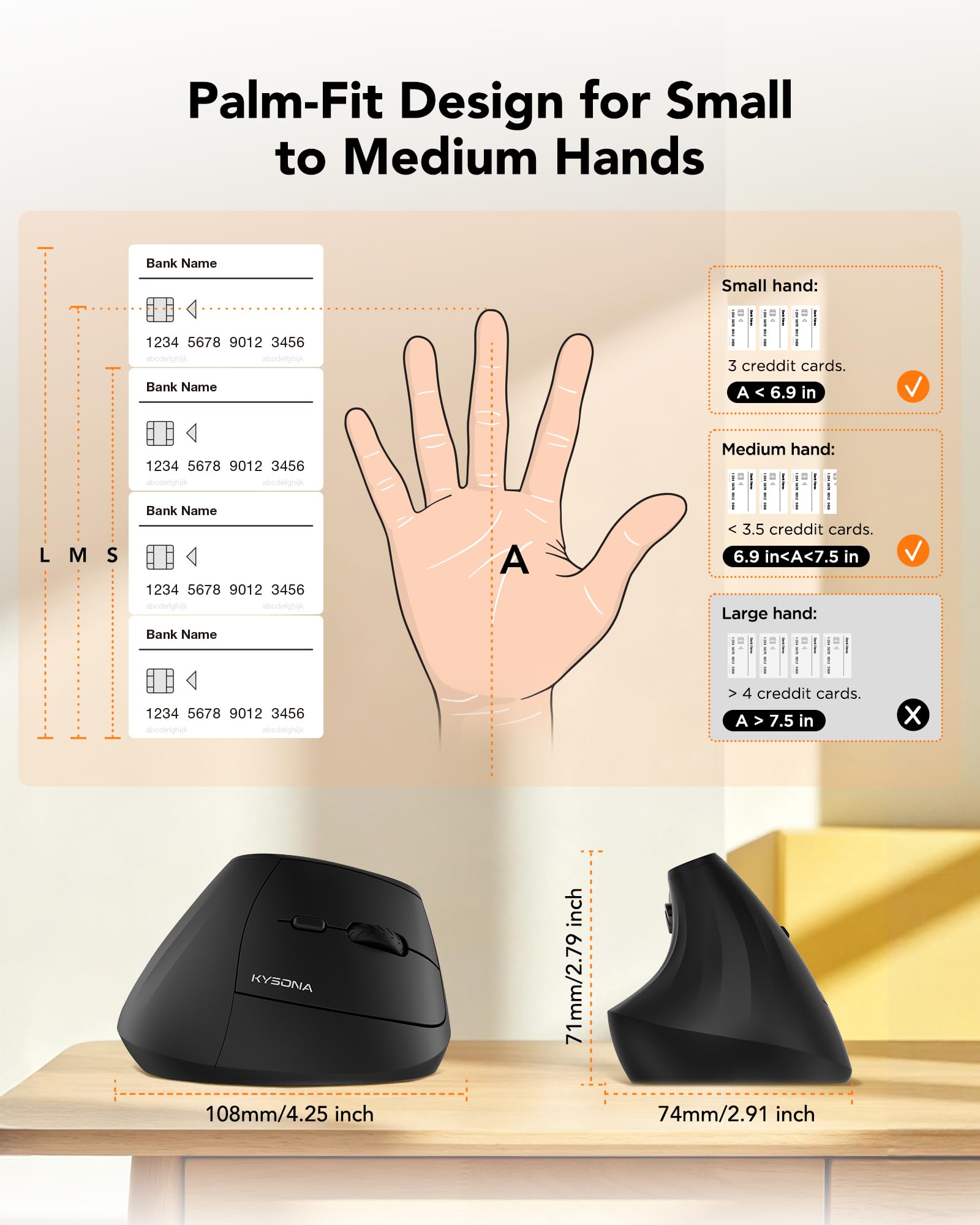 KYSONA Ergonomic Mouse Wireless, Bluetooth Vertical Mouse, 5-Level Adjustable DPI, 2.4G Silent Switch Mice for Windows, MacOS, IPadOS, Laptop, PC, Black