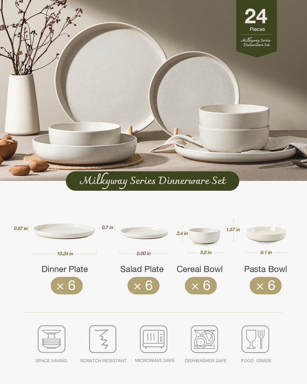 Famiware Pluto Stoneware Dinnerware Sets, 12-Piece Double Reactive Glaze Plates and Bowls Sets, Dishware Sets for Everyday & Formal Dining, Irregular Edge Dishes, Service for 4, Matte Beige White