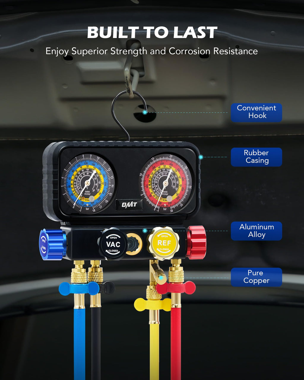 Orion Motor Tech AC Gauges, 3 Way Manifold Gauge Set for R1234yf R404a R134a Refrigerant, Automotive Gauge Set with Hoses Quick Couplers Self Sealing Can Taps for Car Freon Charging & Evacuation