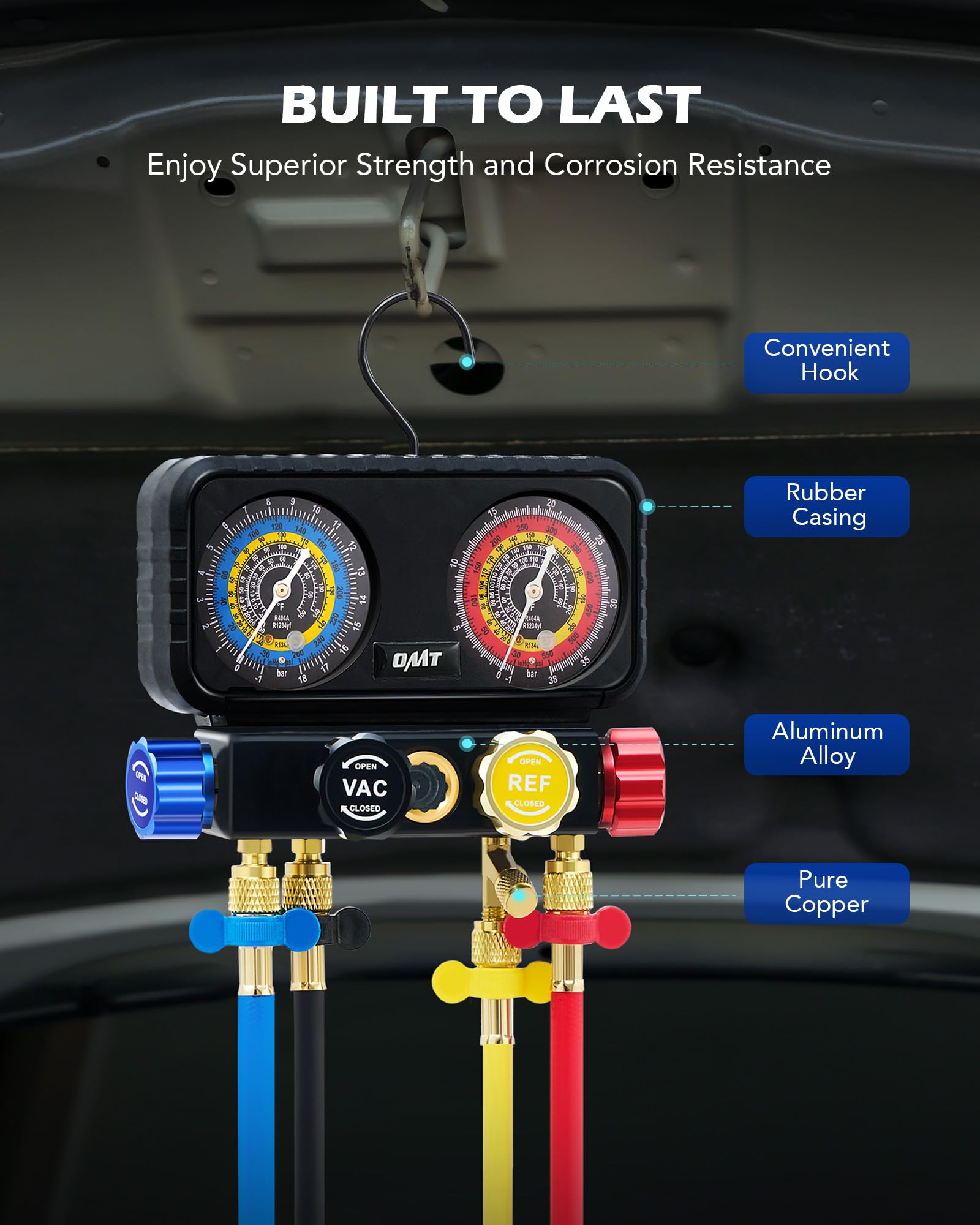 Orion Motor Tech AC Gauges, 3 Way Manifold Gauge Set for R1234yf R404a R134a Refrigerant, Automotive Gauge Set with Hoses Quick Couplers Self Sealing Can Taps for Car Freon Charging & Evacuation