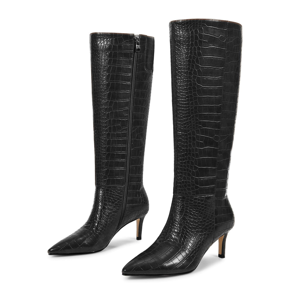 wetkiss Knee High Boots for Women - Pointed Toe Kitten Heel & Crocodile, Side Full Zipper for Easy Wear, All-Day Comfort Boots for Work, Party and Daily Chic Style