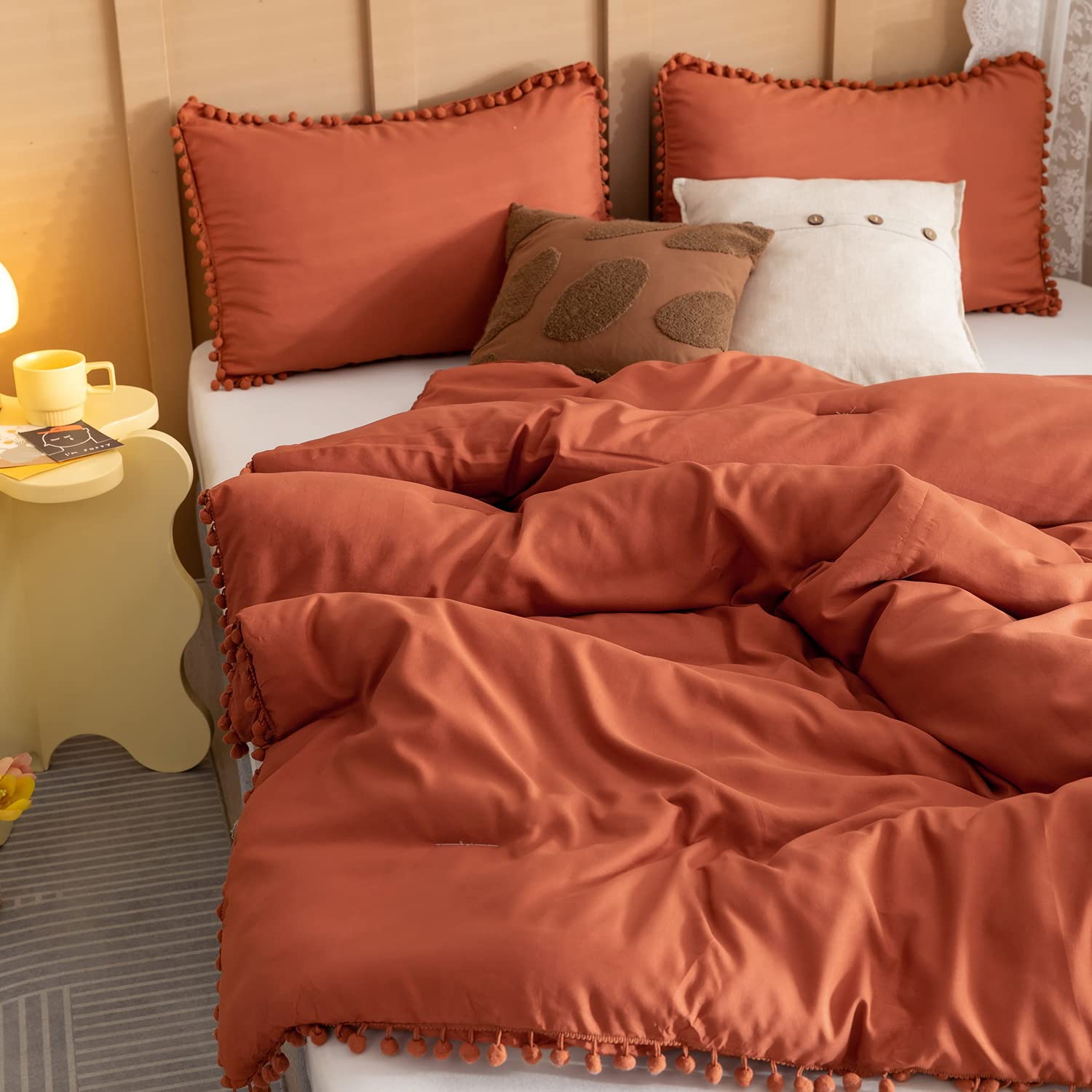 YIRDDEO Twin Comforter Set - Comforter Twin Size Bed with Ball Pom Fringe, Soft Bedding Set for All Seasons - 2 Pieces, 1 Comforter (66"x90") & 1 Pillow Sham(20"x26"), Beige