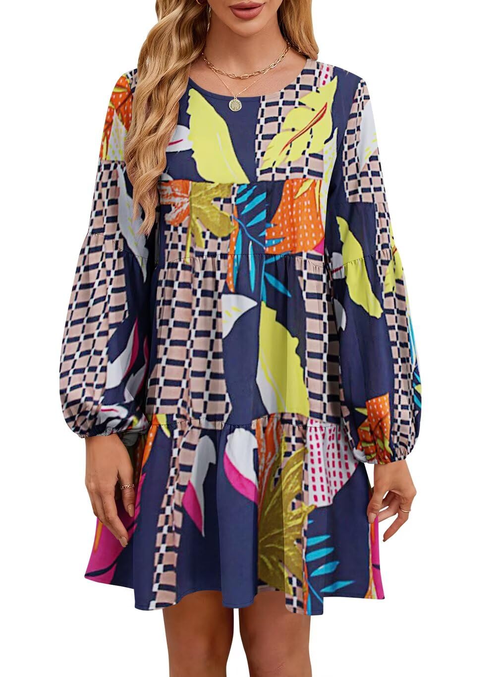 QACOHU Falll Dresses for Women 2026 Crew Neck Long Lantern Sleeve Casual Loose Flowy Swing Shift Dress