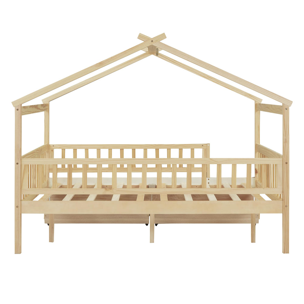 Merax Twin Size Wooden House Bed with Two Drawers, Wood Bed Frame with Roof for Kids, Teens, Boys or Girls, Grey