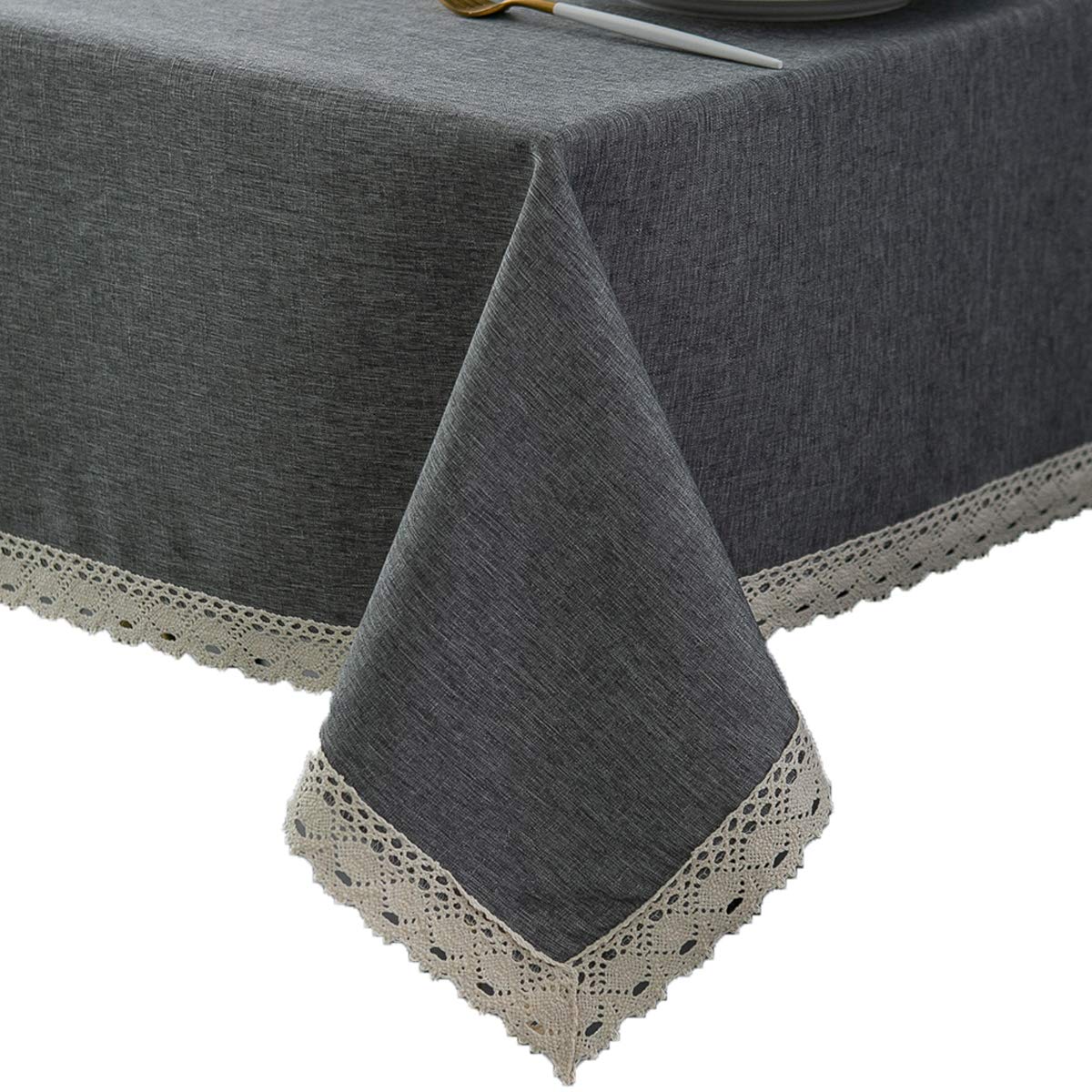 EHouseHome Faux Linen Tablecloth with Lace Trim - Waterproof/Spill Proof/Stain Resistant/Wrinkle Free/Oil Proof - for Banquet, Parties,Dinner,Kitchen,Wedding,Holiday,Blue Fog,Square 52X52Inch