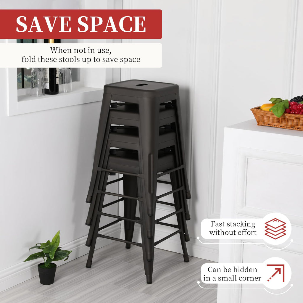 FDW Metal Bar Stools Set of 4 Counter Height Bar Stools 24 Inches Industrial Bar Chairs Patio Stool Stackable Backless Stool Indoor Outdoor Metal Kitchen Stools Bar Chairs (Black, 24")