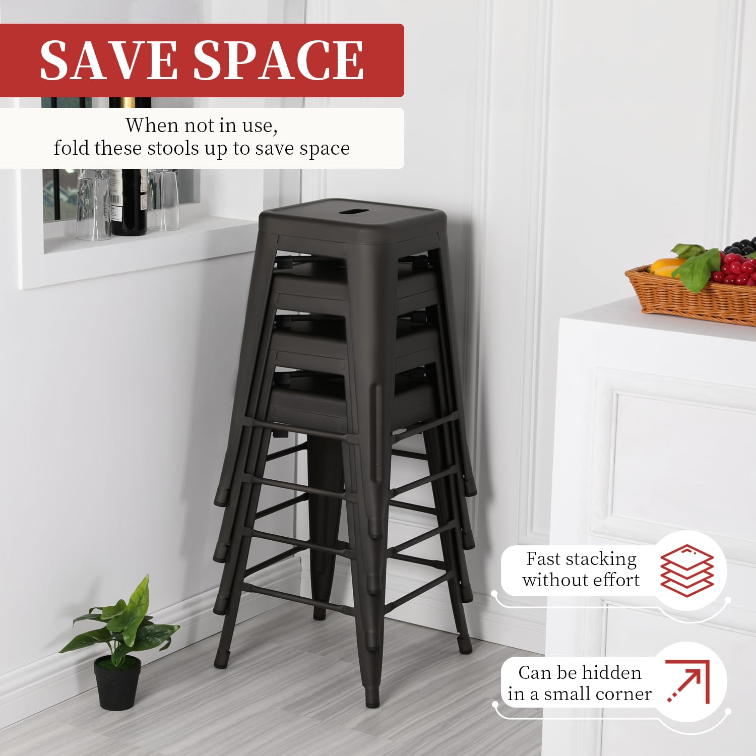 FDW Metal Bar Stools Set of 4 Counter Height Bar Stools 24 Inches Industrial Bar Chairs Patio Stool Stackable Backless Stool Indoor Outdoor Metal Kitchen Stools Bar Chairs (Black, 24")