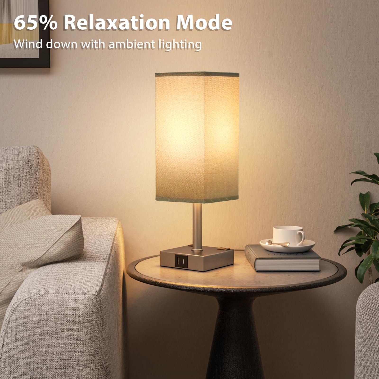 aooshine Set of 2 Touch Nightstand Lamp with USB-C+A Charge Ports& AC Outlets, 3-Way Dimmable Bedside Lamp with White Fabric Shade,Small Table Lamp for Bedroom Guest Room(Bulb Included)