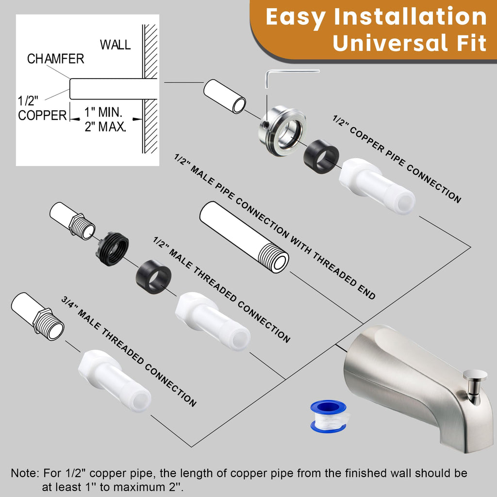 Dreyoo Tub Spout (Universal Fits 1/2" Copper Pipe, 1/2" IPS and 3/4" IPS), Bathroom Bathtub Faucet with Adapters and Hex Wrench(Brushed Nickel,Simple)