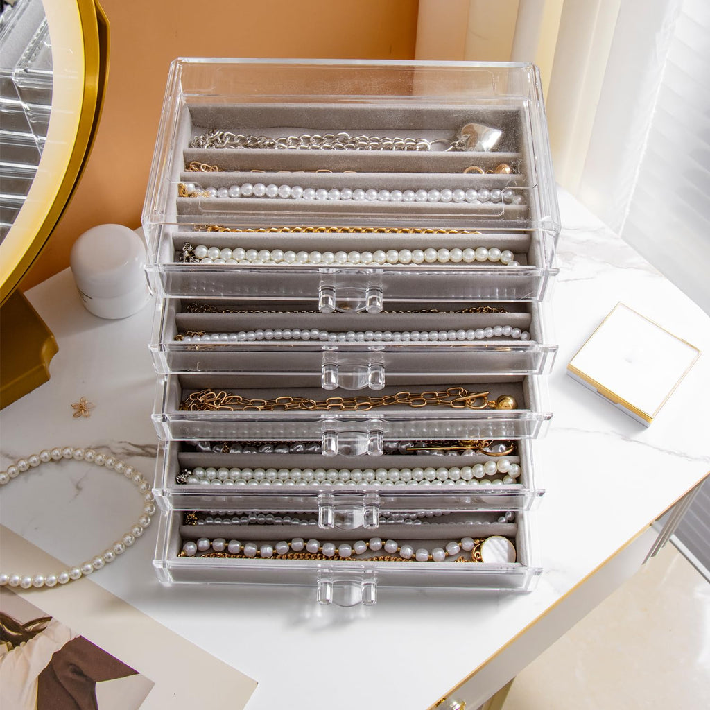 YUFONG Necklace Holder Organizer, Dustproof Necklace Box Velvet Necklace Organizer Box with Lid Clear Acrylic Dustproof Stackable Jewelry Displays for Necklaces Chain Display (Beige, 3 Drawer)