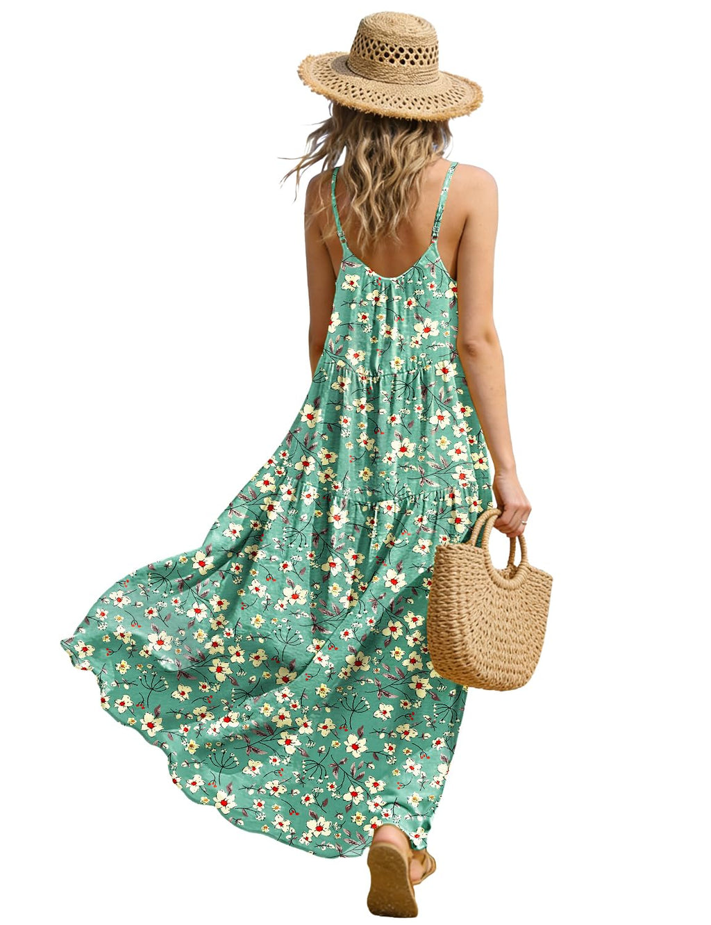 YESNO Summer Bohemian Floral Dresses for Women Spaghetti Straps Maxi Dress Casual Flowy Dresses with Pockets ES0