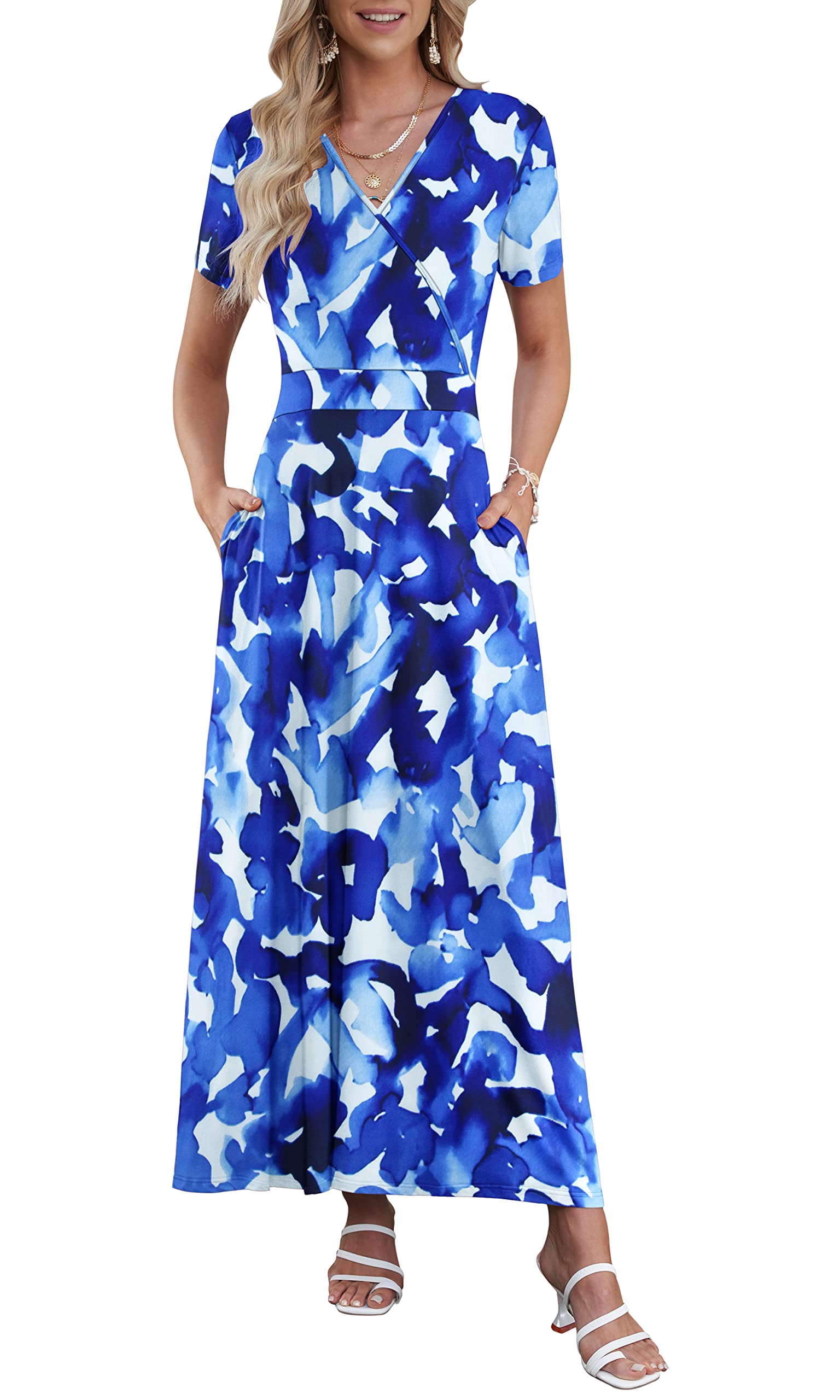 AUSELILY Maxi Dresses for Women Ankle Length Floral Print Beach Long Flowy Dress with Pockets