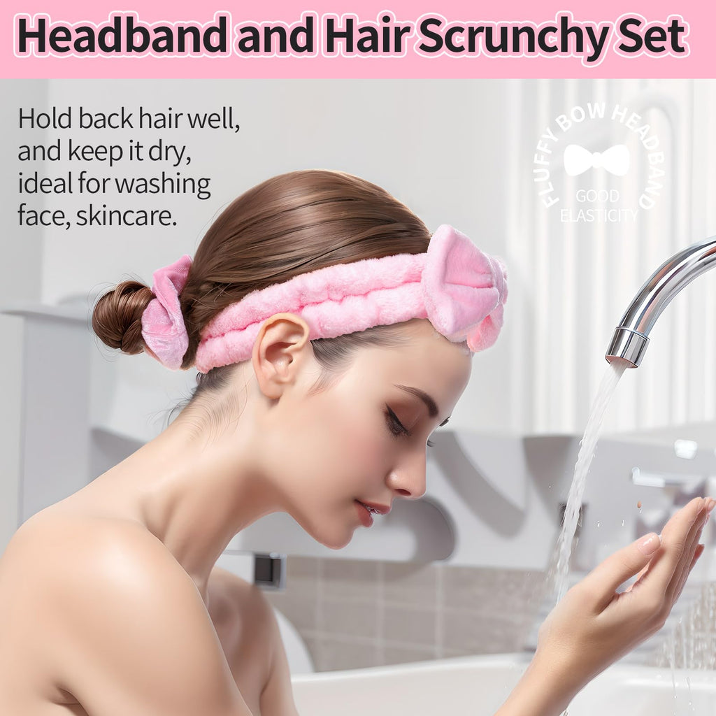 LEOBRO Spa Headband, 6pcs Makeup Headbands and Hair Scrunchies, Bow Skin Care Headband for Washing Face for Teen Girls Women, Easter Basket Valentines Gifts for Girls, Black & White & Gray