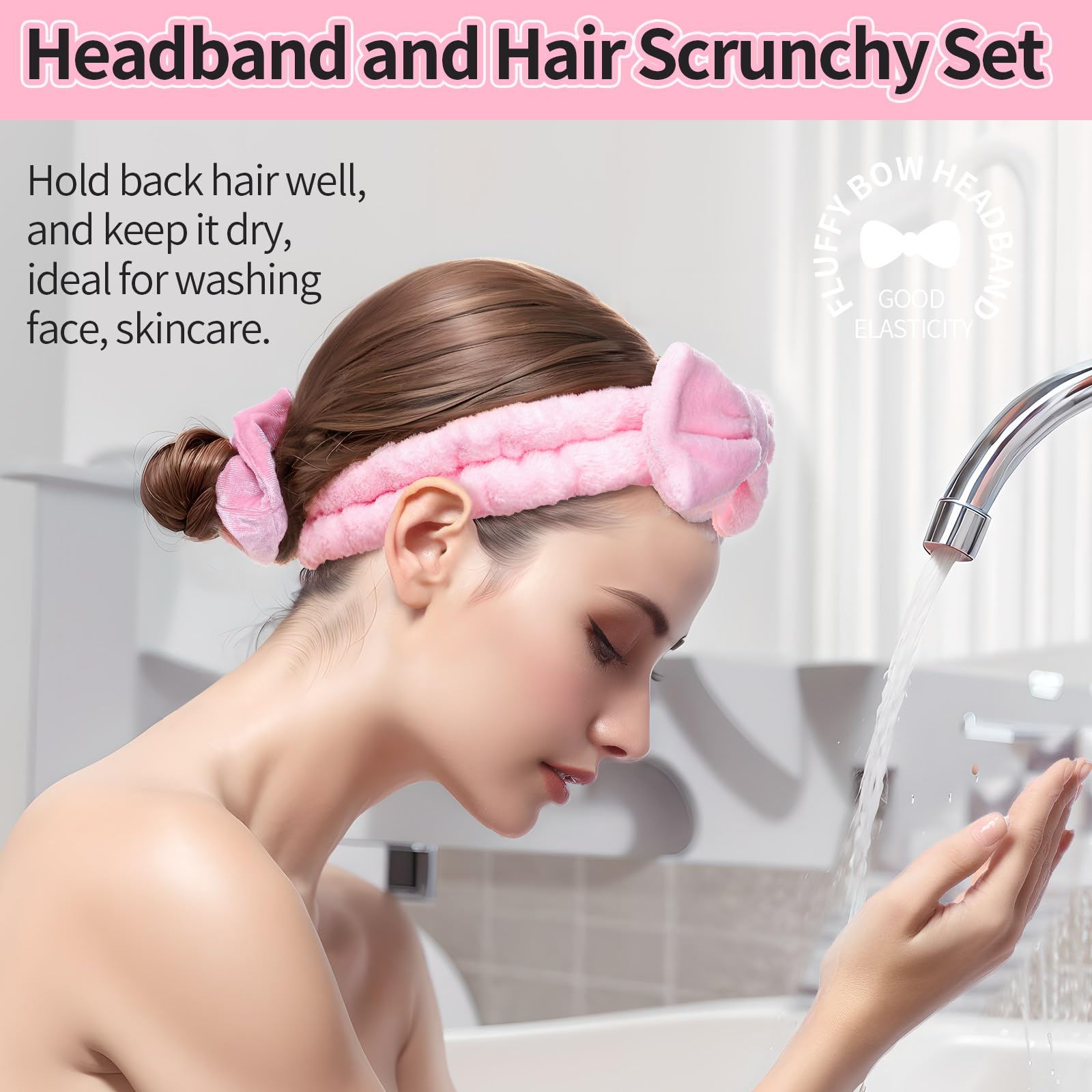 LEOBRO Spa Headband, 6pcs Makeup Headbands and Hair Scrunchies, Bow Skin Care Headband for Washing Face for Teen Girls Women, Easter Basket Valentines Gifts for Girls, Black & White & Gray