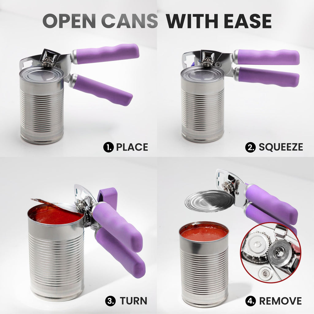 Zulay Kitchen Heavy Duty Stainless Steel Can Opener Manual with Bottle Opener - Rust Proof Manual Can Opener With Turn Knob & Comfy Soft Grip Handles - Airy Lilac