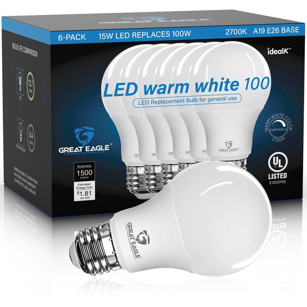 Great Eagle Lighting Corporation 100W LED Light Bulb Equivalent 1500 Lumens A19 Warm White 2700K Dimmable UL Listed (6-Pack)
