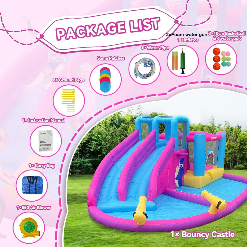 FBSPORT Inflatable Bounce House Double Slide,Water Slide Park Bounce House with Ball Pit,Water Cannon, Climbing Wall, Kids Bouncy Castle with 550W Air Blower for Backyard, Outdoor, Indoor