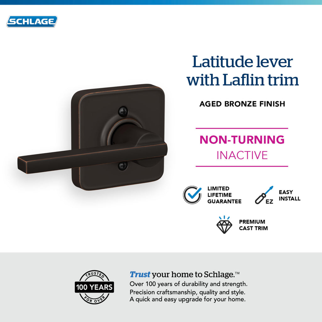 Schlage F10 LAT 716 Latitude Door Lever, Hall & Closet Passage Lock, Aged Bronze