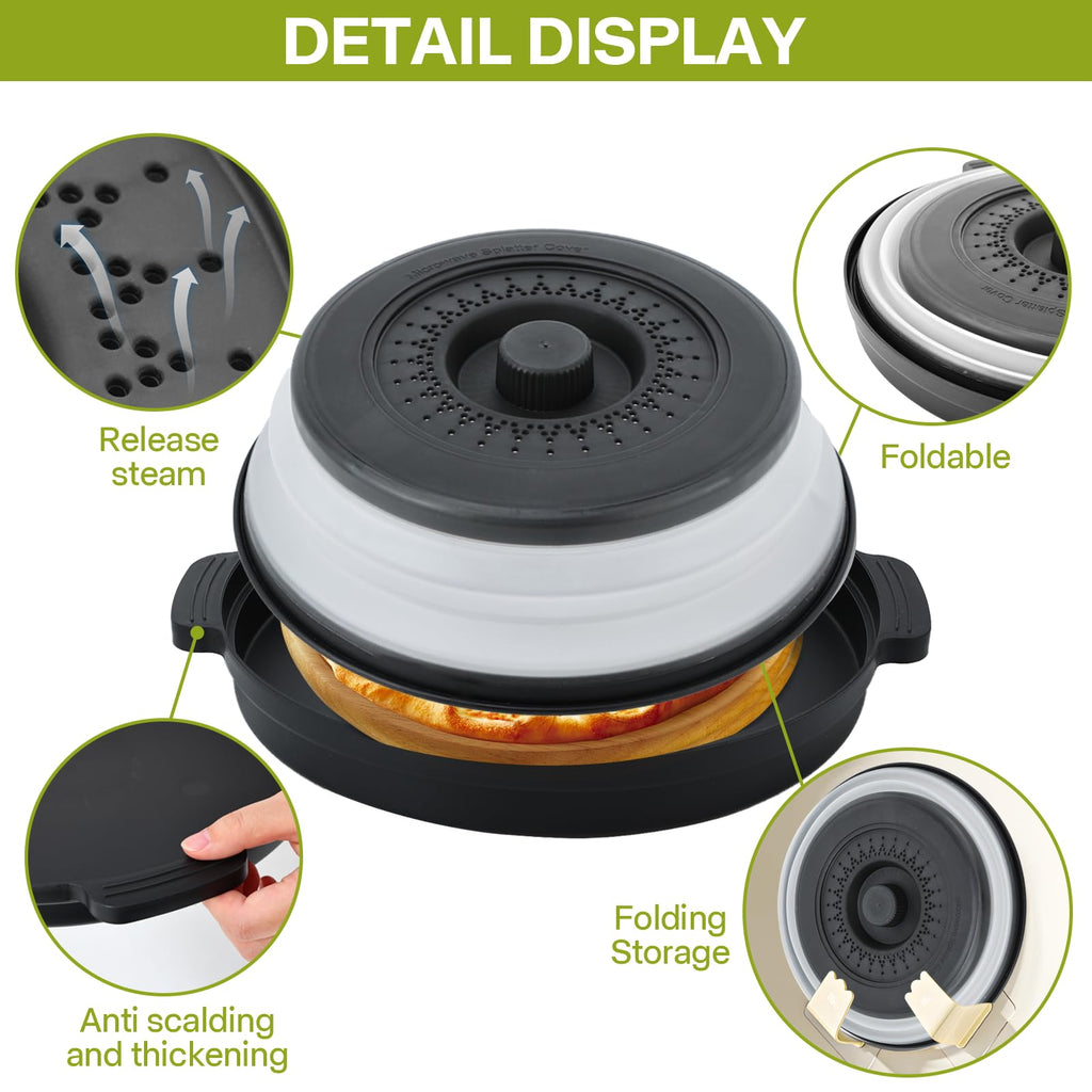 Microwave Splatter Cover for Food with Anti-scald Base Plate,Large Plastic & Silicone Vented Avoid Scalding Collapsible Guard Lid, Plate Holder & Kitchen Colander for Meal Prep-10.7 Inch (2 Pcs BRed)