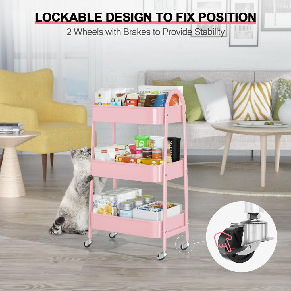 EAGMAK 3 Tier Rolling Cart, Large Metal Storage Cart with Handle and Lockable Wheels, Big Multifunctional Storage Organizer Trolley with Mesh Baskets for Kitchen, Living Room, Office, Garage (Beige)