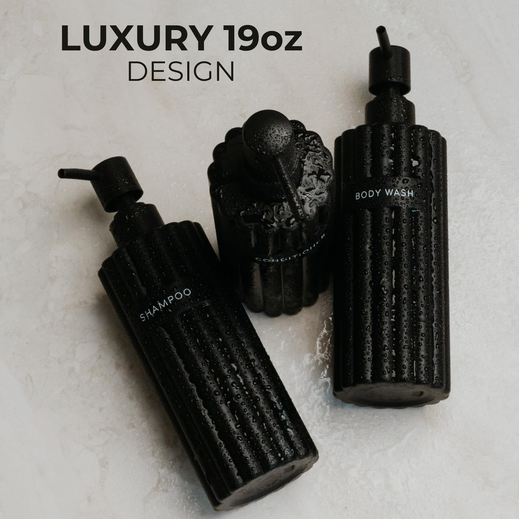 Stylish Shampoo and Conditioner Dispenser Set of 3 - Modern 19oz Shower Soap Bottles with Pump and Labels - Easy to Refill Body Wash Dispensers for an Instant Bathroom Decor Upgrade