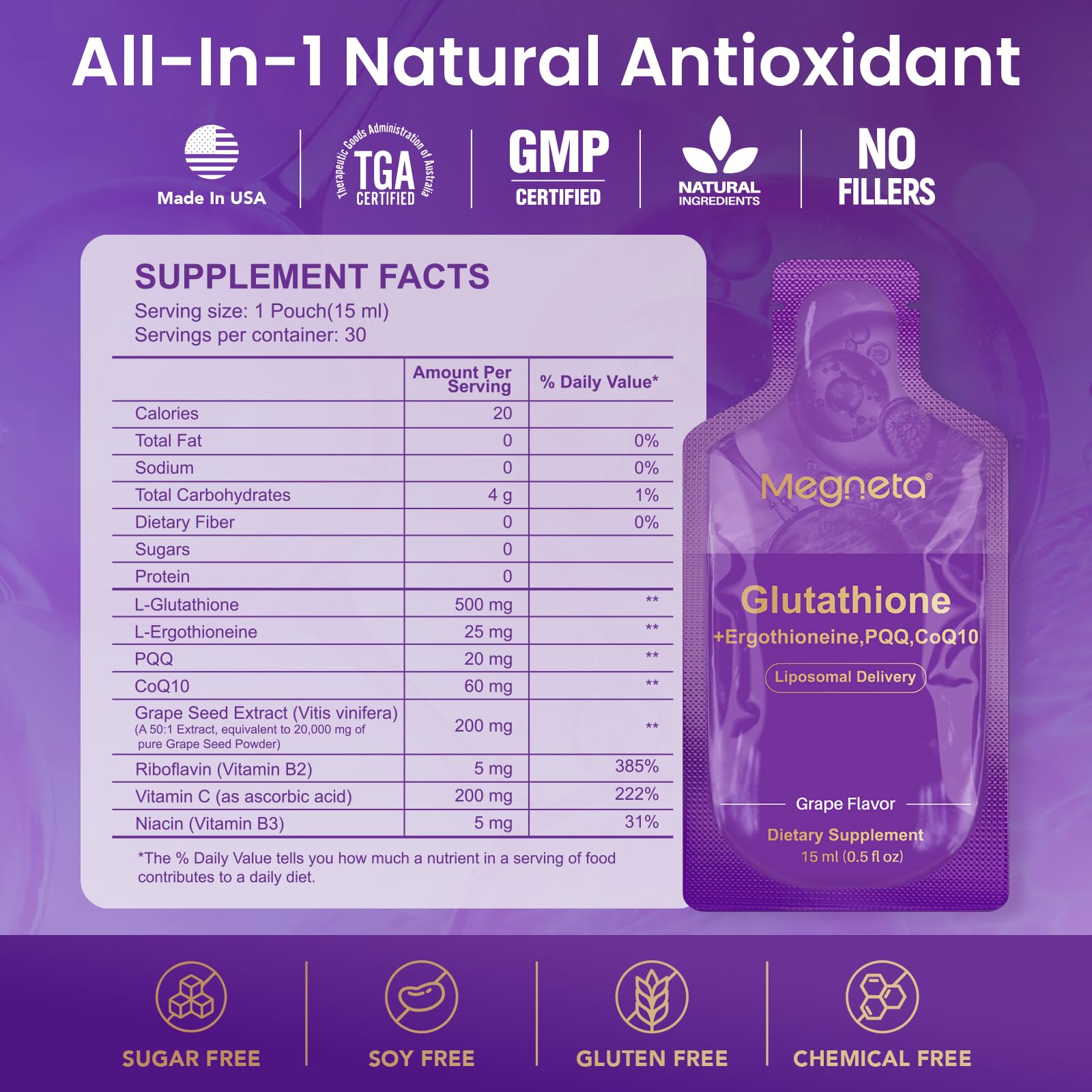 Liposomal Glutathione Supplement – 500mg Glutathione with PQQ, CoQ10 & Vitamin C – High Absorption Antioxidant for Immune & Energy Support – Grape Flavor, 30 Pouch