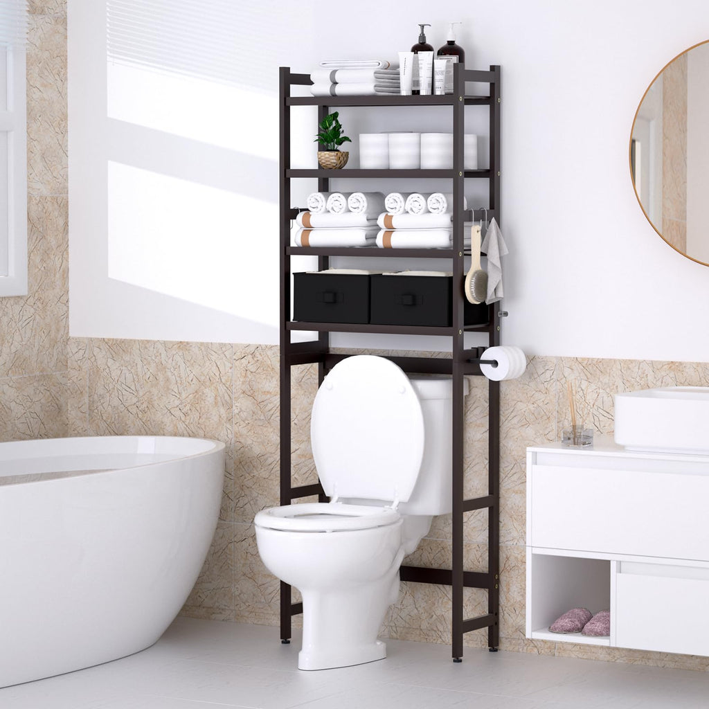 Cozivolife Over The Toilet Storage: 4-Tier Bamboo Organizer Rack with 2 Baskets & Paper Holder & 4 Hooks & Waterproof Feet Pad, Adjustable Freestanding Shelf for Bathroom (Brown)