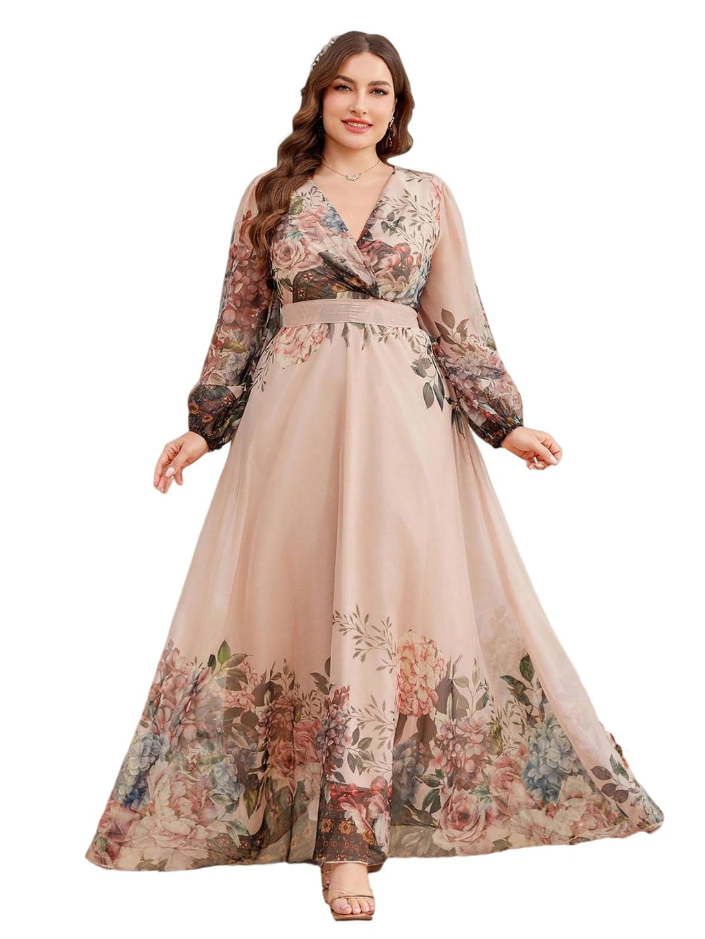 Spring Summer 2024 Plus Size Womens Dresses V Neck Casual Elegant Long Sleeve Floral Print Maxi Dress