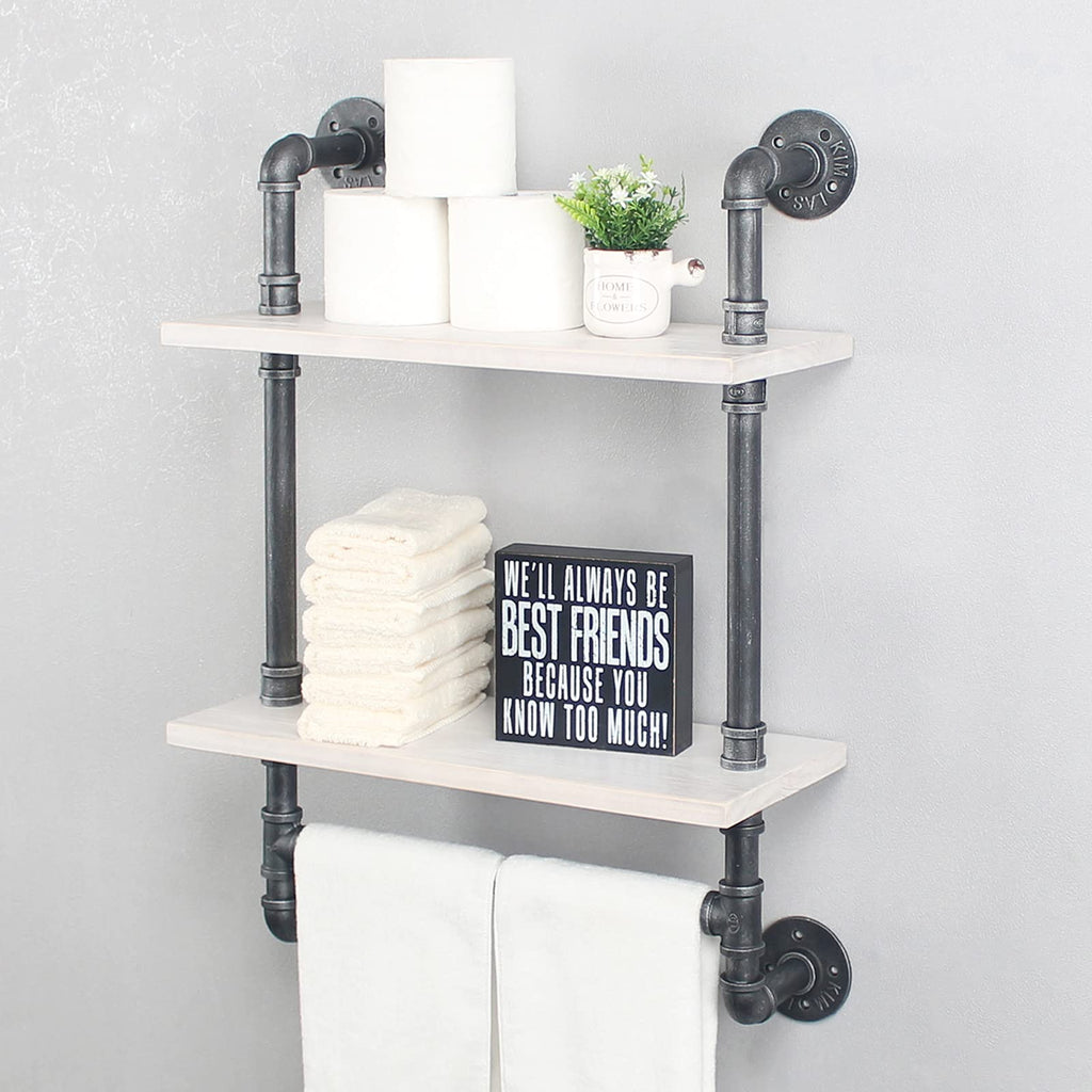MBQQ Industrial Pipe Shelf Bathroom Shelves Wall Mounted,19.6in Rustic Wood Shelf with Towel Bar,1 Tier Farmhouse Towel Rack,Pipe Shelving Floating Shelves Towel Holder,Black & White