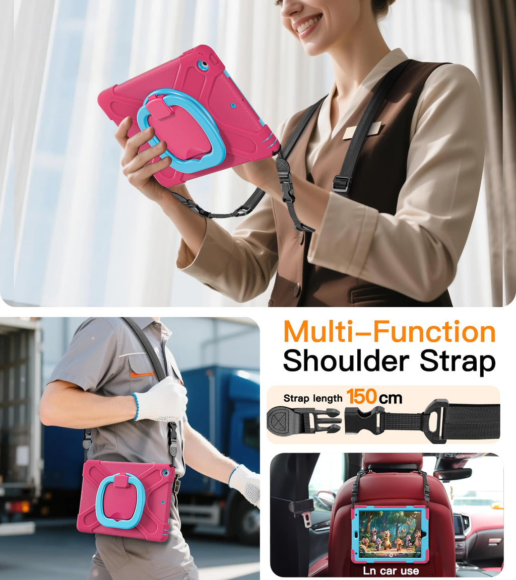 BATYUE for iPad 9th/ 8th/ 7th Generation Case (iPad 10.2 inch Rugged Case 2021/2020/2019) with Screen Protector, Rotating Stand/Pencil Holder/Carrying Shoulder Strap (Colourful Pink)