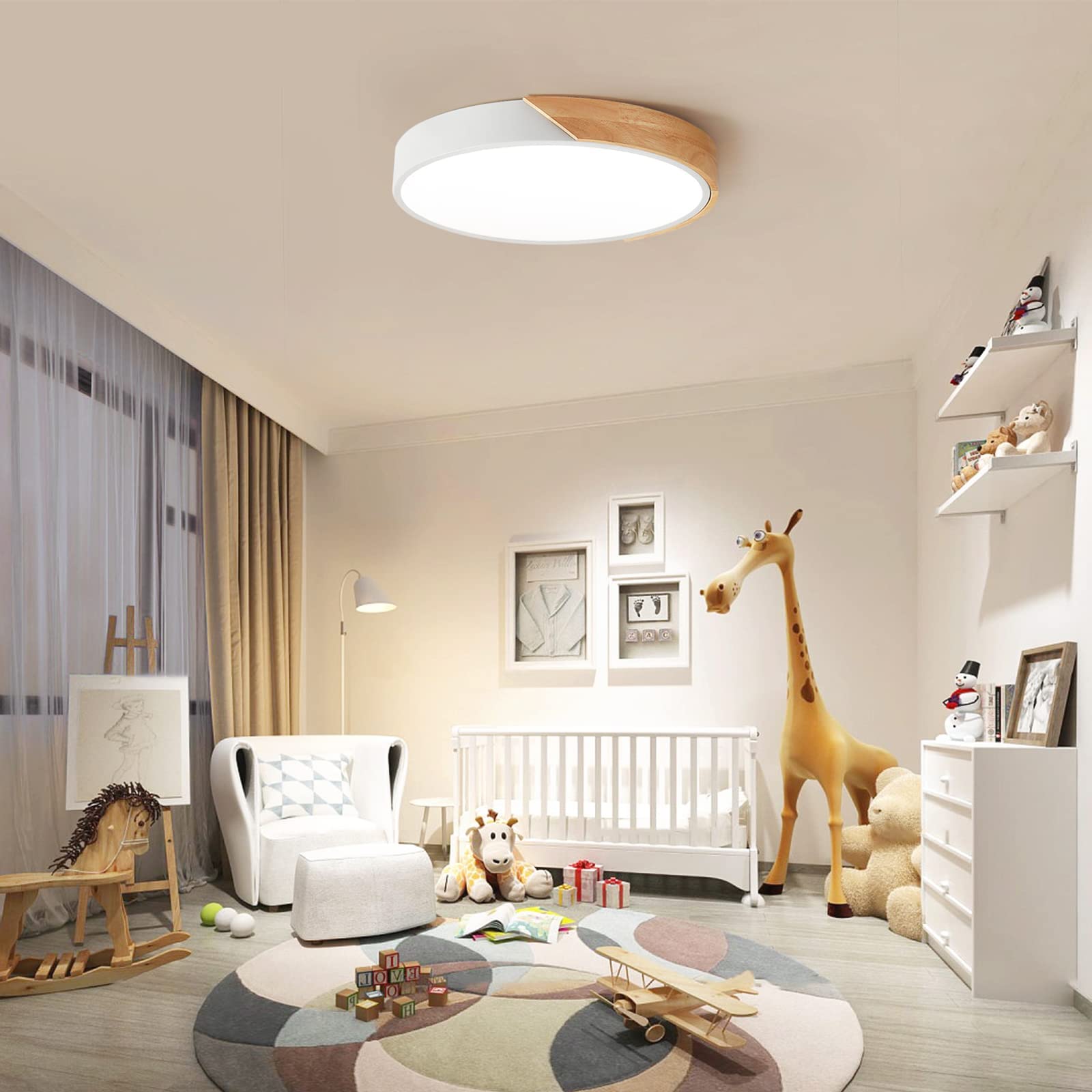 Modern LED Ceiling Light, Minimalist Wood Dimmable Flush Mount Ceiling Light Fixture, Round 5CCT Lighting Lamp with Acrylic Lampshade for Bedroom Hallway Kitchen Laundry, Black 11.8"