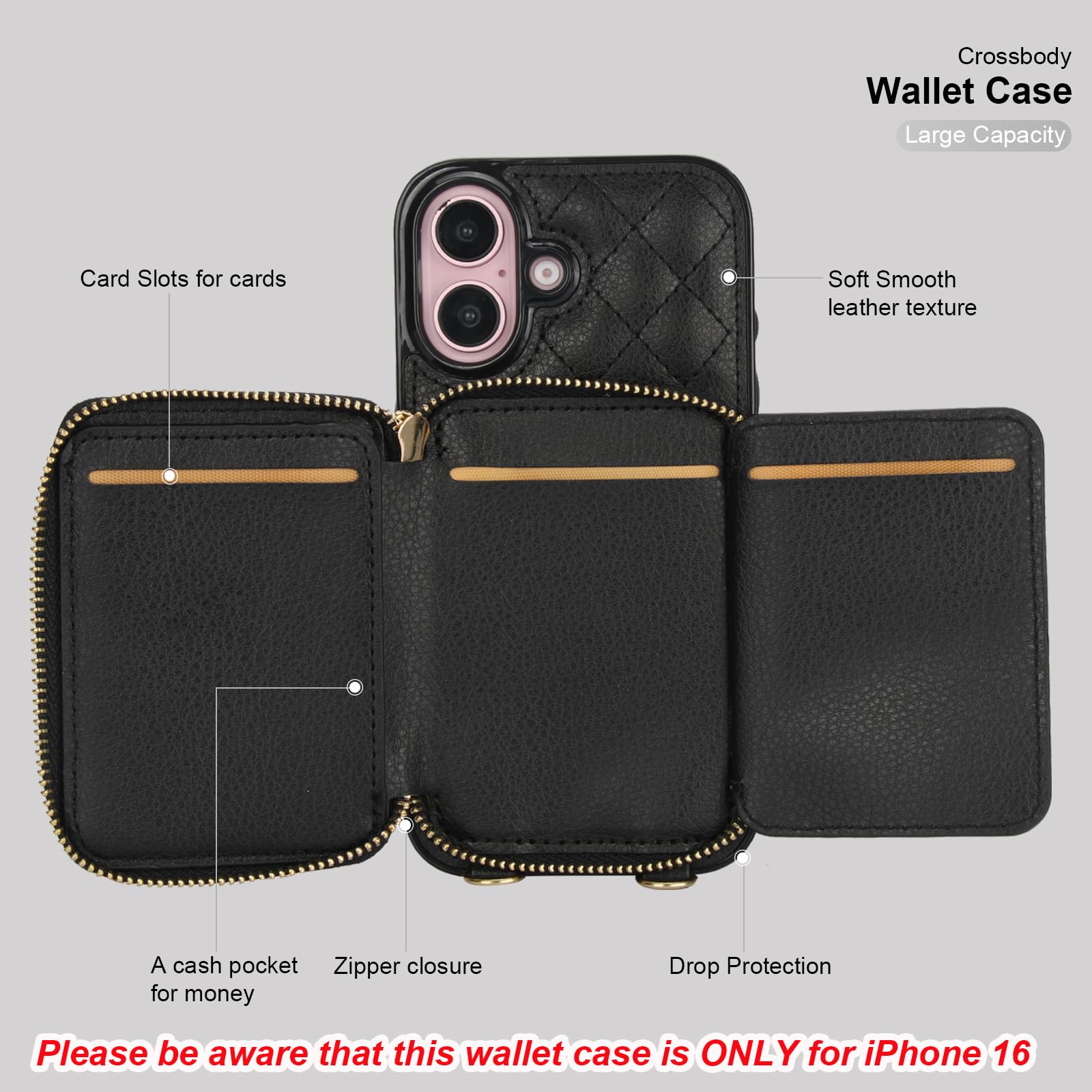 Bocasal Crossbody Wallet Case for iPhone 16, RFID Blocking PU Leather Zipper Handbag Purse Flip Cover, Kickstand Folio Case with Card Slots Holder Wrist Strap Lanyard 5G 6.1 Inch (Black)
