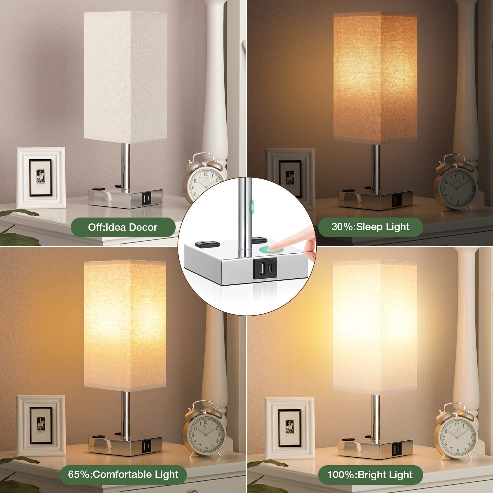 aooshine Set of 2 Touch Nightstand Lamp with USB-C+A Charge Ports& AC Outlets, 3-Way Dimmable Bedside Lamp with White Fabric Shade,Small Table Lamp for Bedroom Guest Room(Bulb Included)