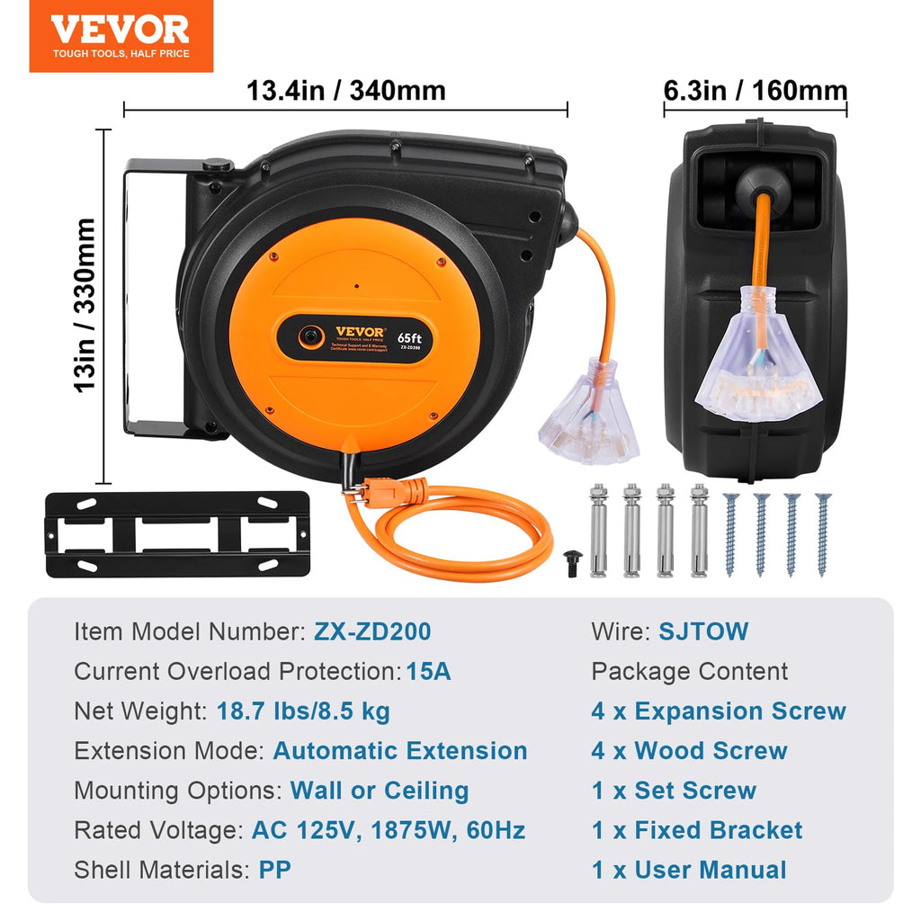 VEVOR Retractable Extension Cord Reel, 30 FT, Heavy Duty 16AWG/3C SJTOW Retractable Power Cord Reel with Lighted Triple Tap Outlet 10 Amp Circuit Breaker 4.5FT Lead-in Cord, for Ceiling or Wall Mount