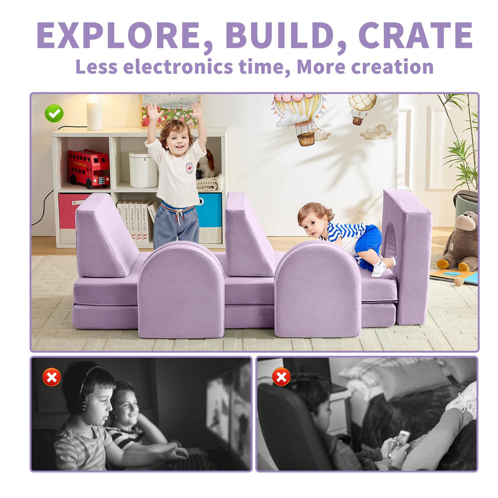 wanan Kids Couch 10PCS, Modular Kids Play Couch for Playroom Bedroom, 10 in 1 Multifunctional Kid Sofa for Playing, Creativing, Sleeping, Indoor Toddler Couches for Boys and Girls(Dark Grey)
