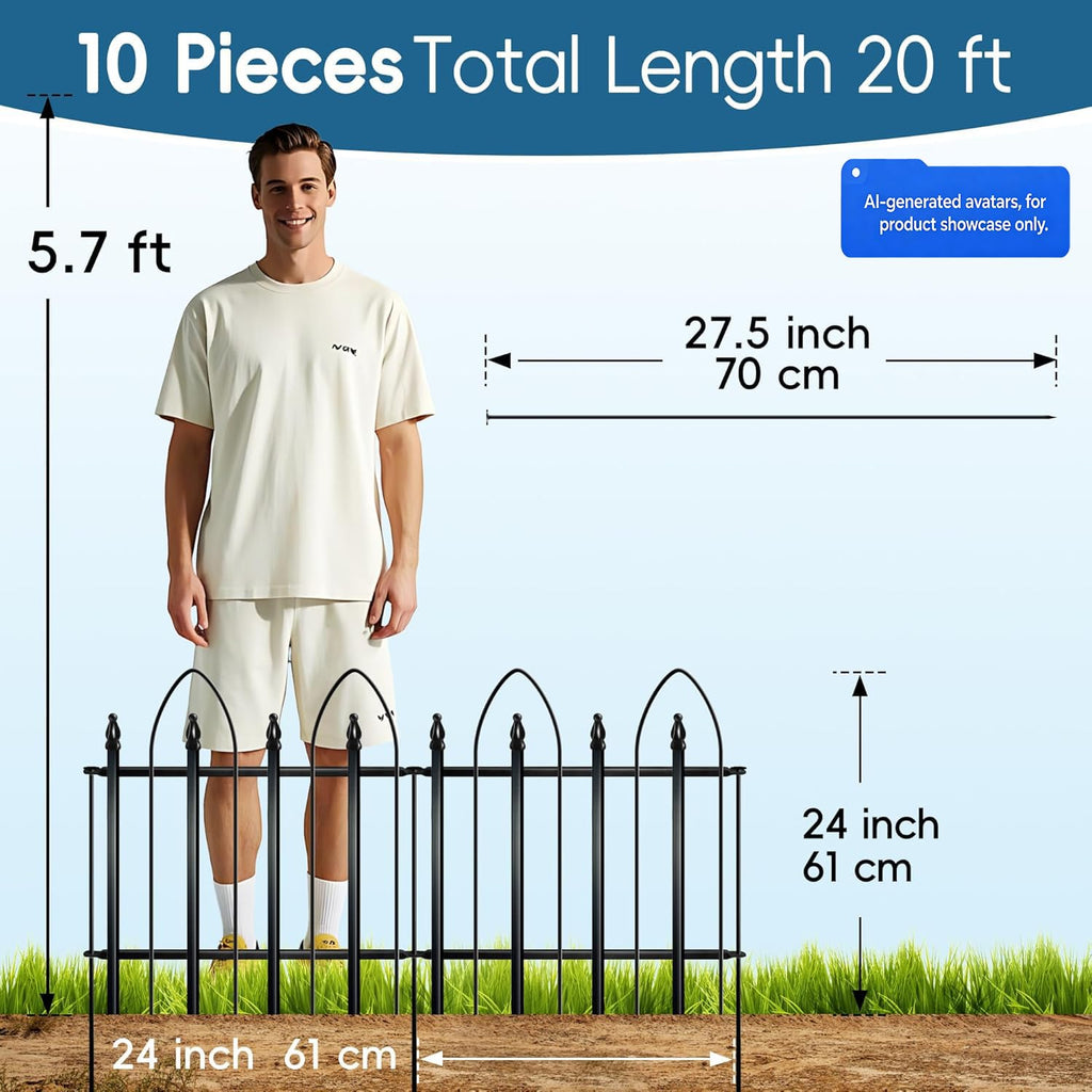 Thealyn Garden Fence 24" H x 24" W (5 Panels, Total 10 ft), Metal Fence Decorative Border Fence, Rustproof Landscape Fencing for Dog, Flower Bed, Yard, Patio, Animal Barrier